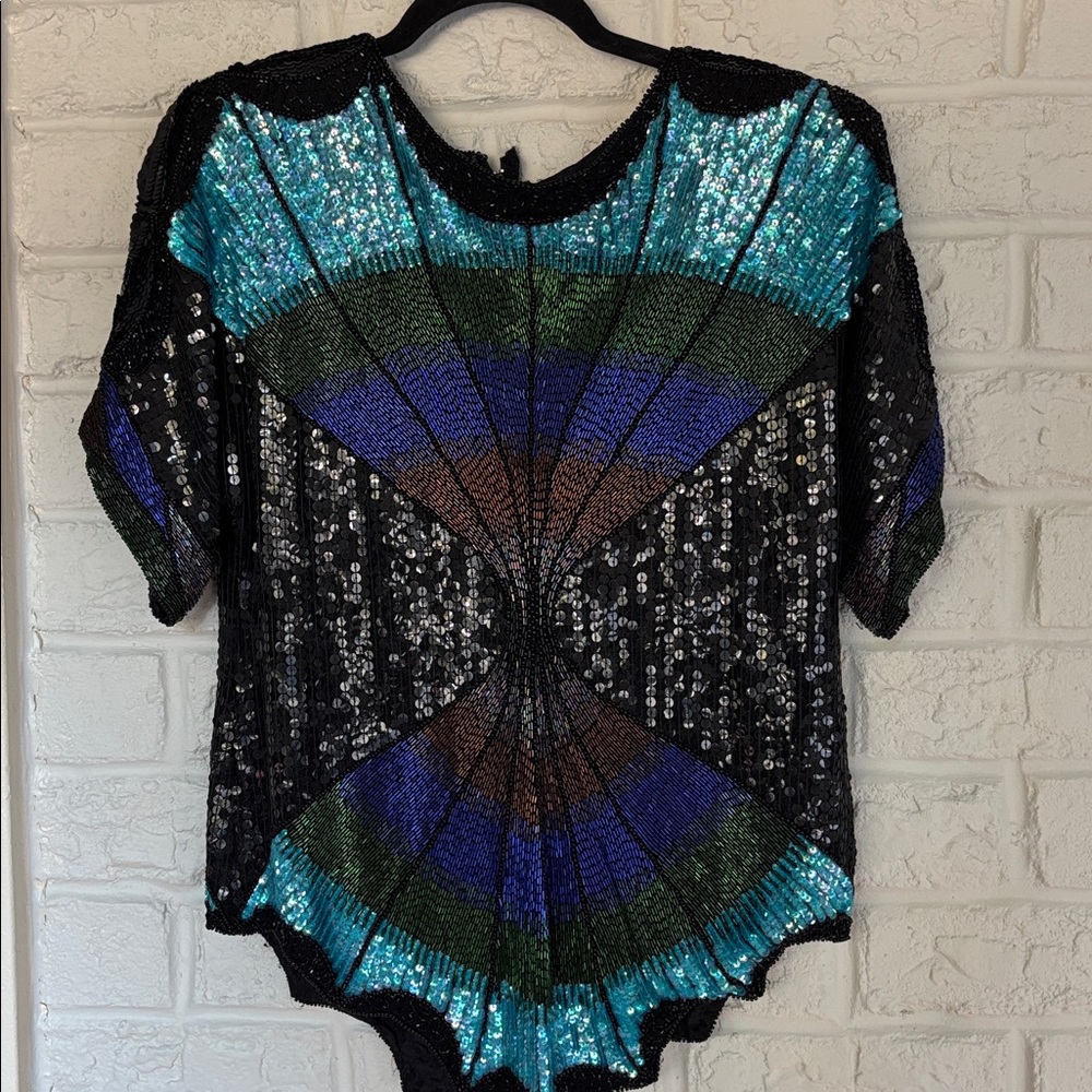 Oleg Cassini Beaded Silk Spider Web Design Evening Top